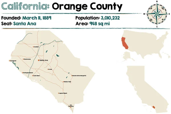 Mappa ampia e dettagliata di California - Orange County — Vettoriale Stock