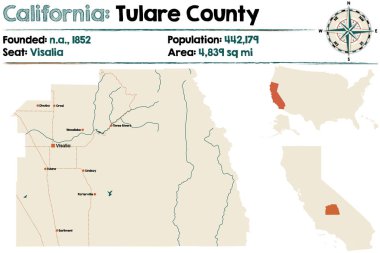 Large and detailed map of Tulare County, California clipart
