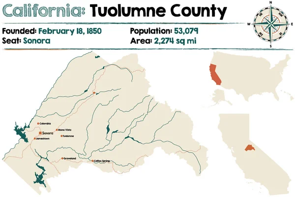 Mapa Grande Detallado Del Condado Tuolumne California — Archivo Imágenes Vectoriales
