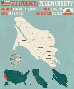 Marin county California büyük ve ayrıntılı haritası.