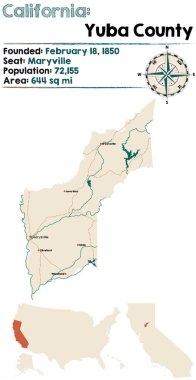 Yuba county California büyük ve ayrıntılı haritası.