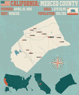 Merced county California büyük ve ayrıntılı haritası.