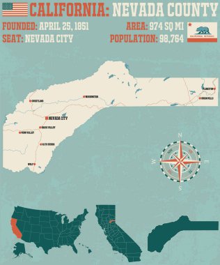 Nevada county California büyük ve ayrıntılı haritası.