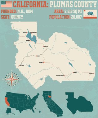 Plumas ilçe Kaliforniya'da büyük ve ayrıntılı haritası.