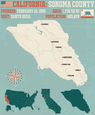 Sonoma county California büyük ve ayrıntılı haritası.