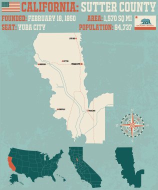 Sutter county California büyük ve ayrıntılı haritası.