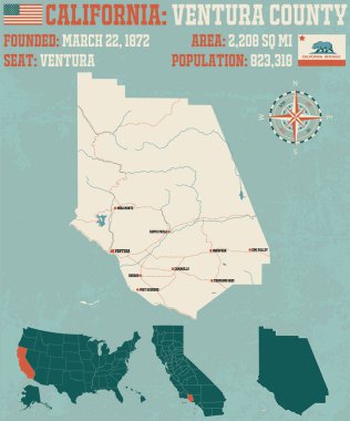 Ventura county California büyük ve ayrıntılı haritası.