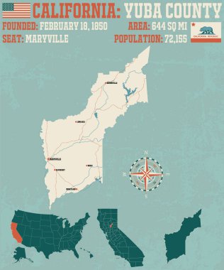 Yuba county California büyük ve ayrıntılı haritası.