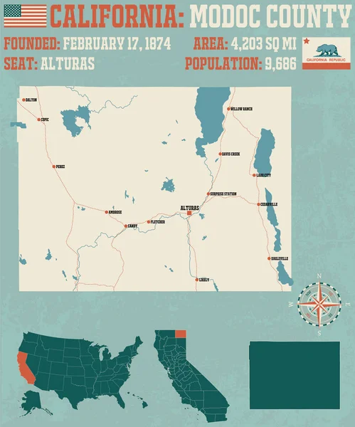 Modoc county California büyük ve ayrıntılı haritası.