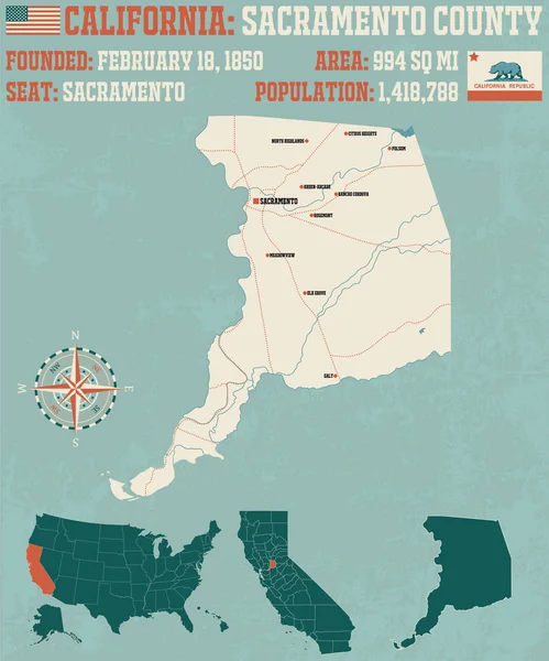 Kaliforniya'da Sacramento İlçesi büyük ve ayrıntılı harita.