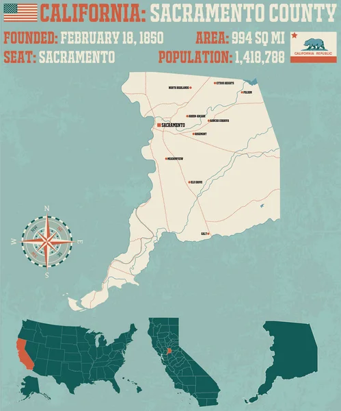 大和详细的地图萨克拉门托县在加利福尼亚 — 图库矢量图片