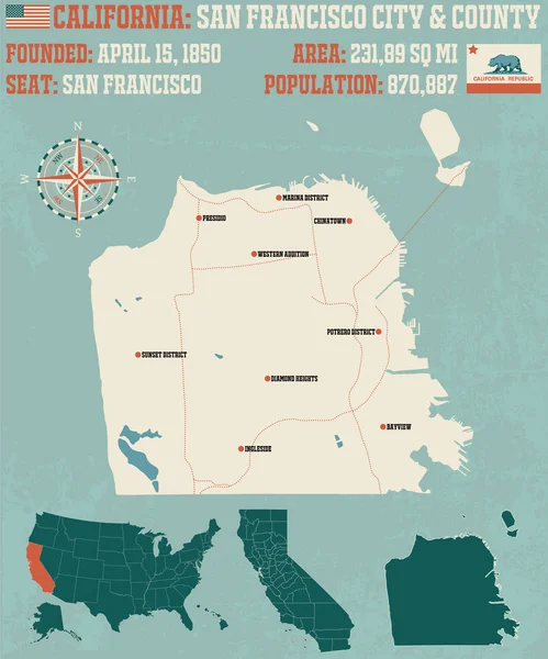 San Francisco şehir ve İlçe Kaliforniya'da büyük ve ayrıntılı haritası.