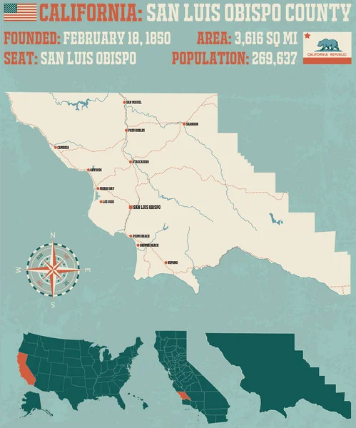 Velká Podrobná Mapa San Luis Obispo County Kalifornii — Stockový vektor