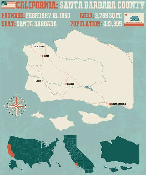 Mapa Grande Detalhado Condado Santa Barbara Califórnia — Vetor de Stock
