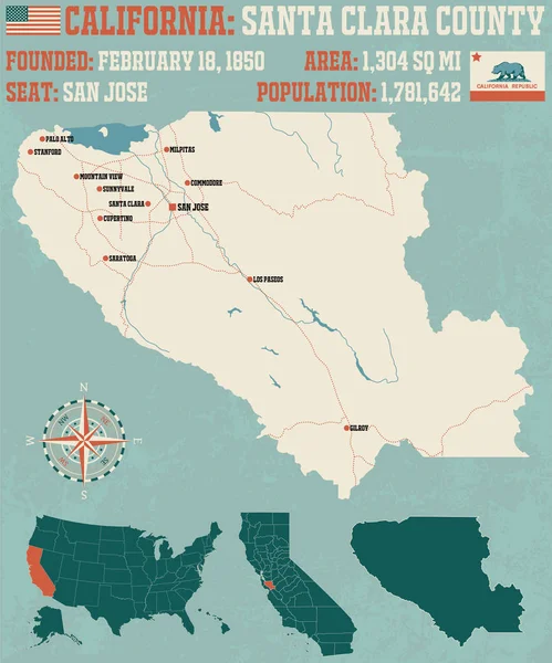 Mapa Grande Detalhado Condado Santa Clara Califórnia — Vetor de Stock