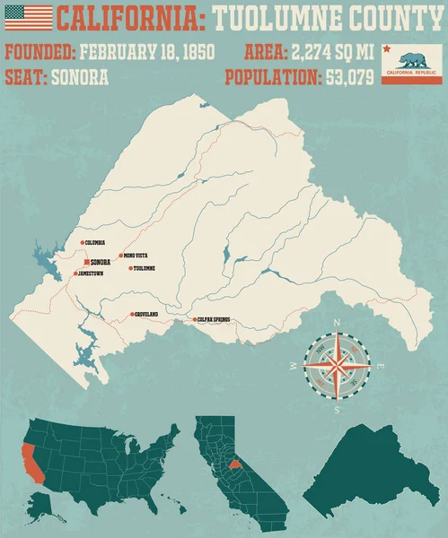 Tuolumne ilçe Kaliforniya'da büyük ve ayrıntılı haritası.