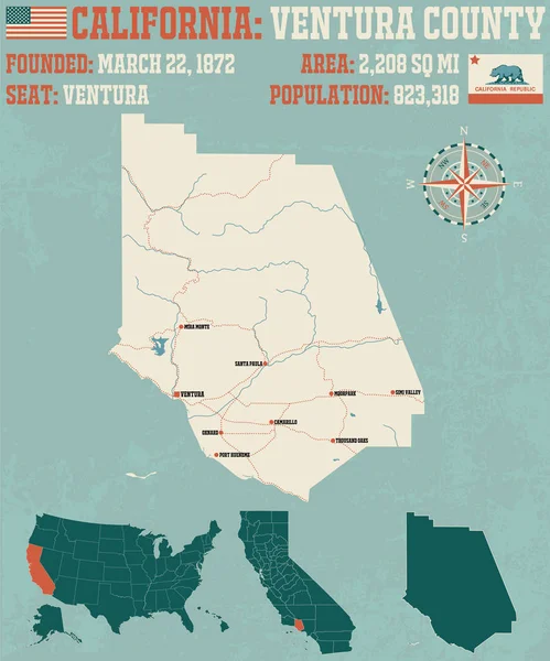 Velká Podrobná Mapa Ventura County Kalifornii — Stockový vektor