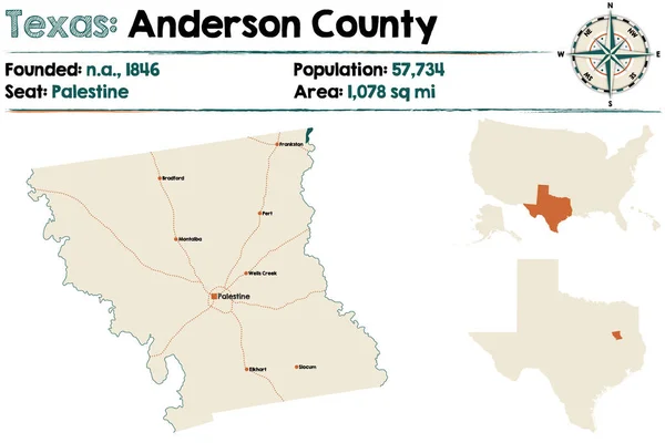 详细的地图安德森县在得克萨斯 — 图库矢量图片