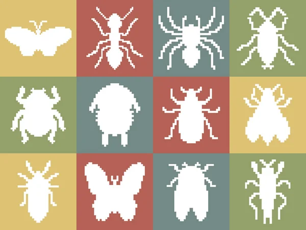 Büyük Ayrıntılı Simge Kümesi Piksel Sanat Böceklerin — Stok Vektör