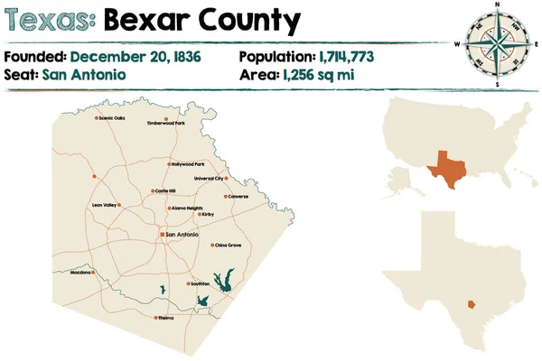 Detaillierte Karte Von Bexar County Texas Usa — Stockvektor
