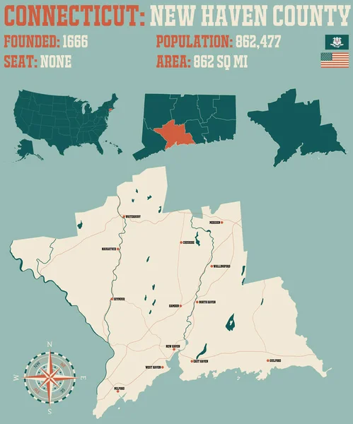 Large Detailed Map New Haven County Connecticut Usa — Stock vektor