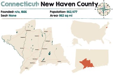 Large and detailed map of New Haven county in Connecticut, USA. clipart