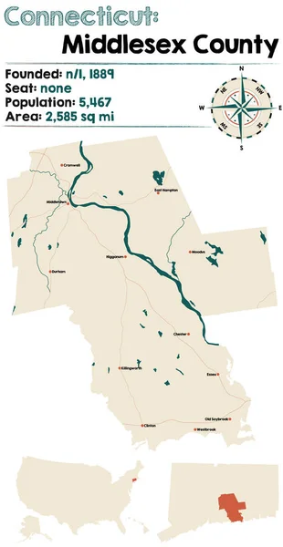 Mapa Grande Detalhado Condado Middlesex Connecticut Estados Unidos América —  Vetores de Stock