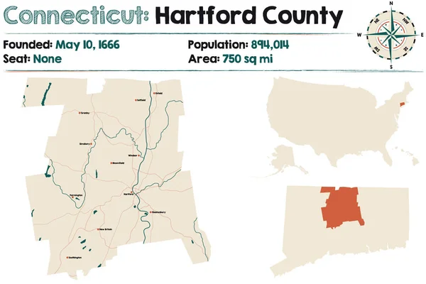 Mapa Grande Detalhado Condado Hartford Connecticut Estados Unidos América —  Vetores de Stock