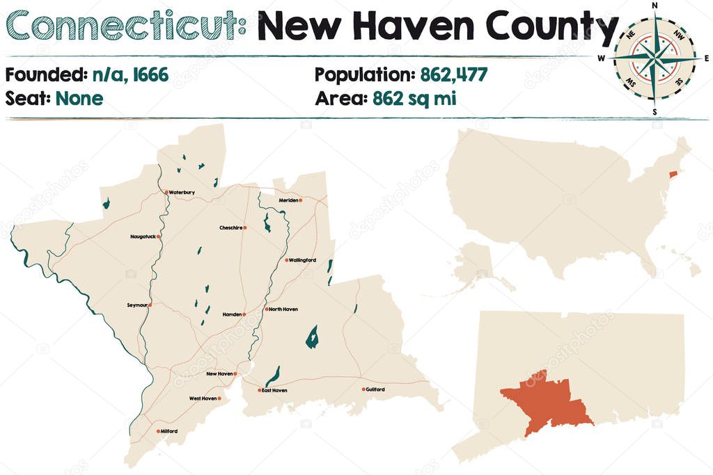 Large and detailed map of New Haven county in Connecticut, USA.