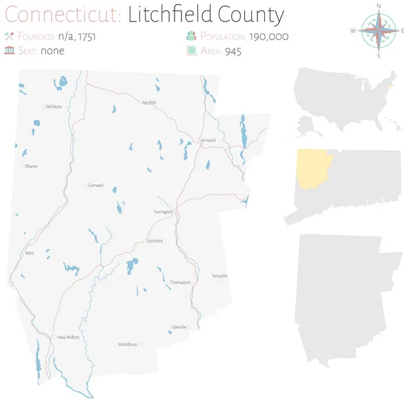 Large Detailed Map Litchfield County Connecticut Usa — 스톡 벡터