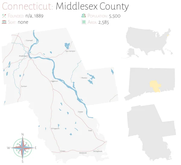Large Detailed Map Middlesex County Connecticut Usa — Stock vektor