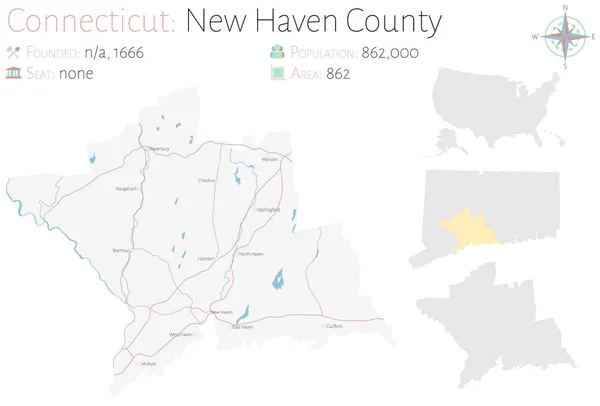 Mapa Grande Detalhado Condado New Haven Connecticut Estados Unidos América —  Vetores de Stock