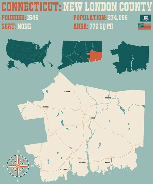 Stor Och Detaljerad Karta Över New London County Connecticut Usa — Stock vektor