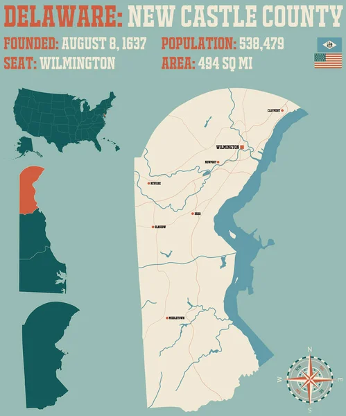 Stor Och Detaljerad Karta Över New Castle County Delaware Usa — Stock vektor