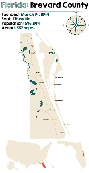 Mapa Grande Detallado Del Condado Brevard Florida — Vector de stock