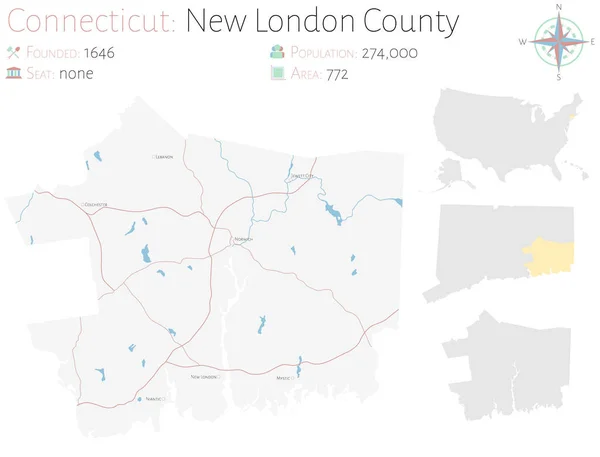 Grande Detalhado Mapa Condado New London Connecticut Eua —  Vetores de Stock