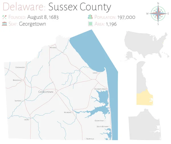 Grote Gedetailleerde Kaart Van Sussex County Delaware Verenigde Staten — Stockvector