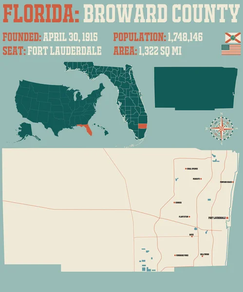 Florida Abd Deki Broward Ilçesinin Geniş Ayrıntılı Haritası — Stok Vektör