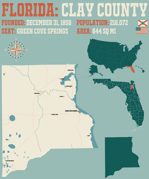 Florida Abd Deki Clay Ilçesinin Geniş Detaylı Haritası — Stok Vektör