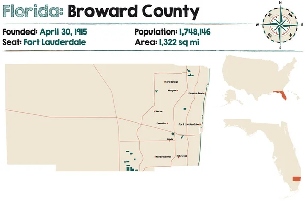 Mapa Grande Detallado Del Condado Broward Florida Estados Unidos — Archivo Imágenes Vectoriales