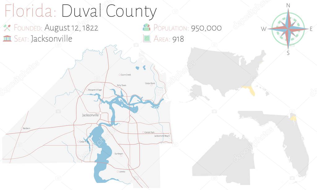 Large and detailed map of Duval county in Florida, USA.