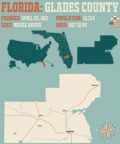 Florida Abd Deki Glades Ilçesinin Geniş Ayrıntılı Haritası — Stok Vektör