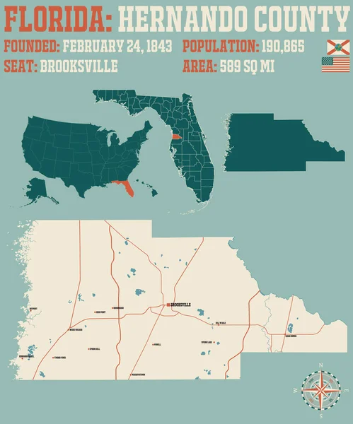 Florida Abd Deki Hernando Ilçesinin Geniş Detaylı Haritası — Stok Vektör