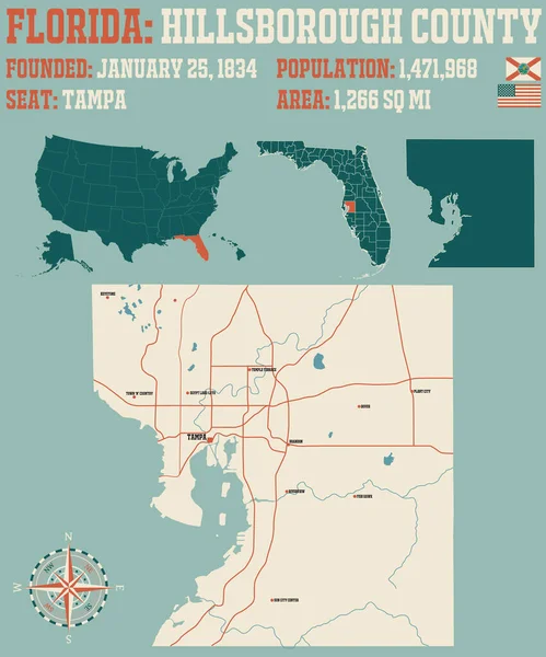 Большая Подробная Карта Округа Хиллсборо Флорида Сша — стоковый вектор