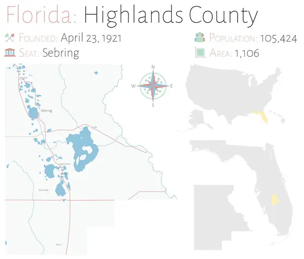 Mapa Grande Detallado Del Condado Highlands Florida — Archivo Imágenes Vectoriales