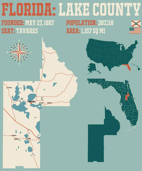 Große Und Detaillierte Karte Von Lake County Florida Usa — Stockvektor