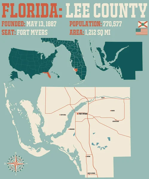 Большая Подробная Карта Округа Флорида Сша — стоковый вектор
