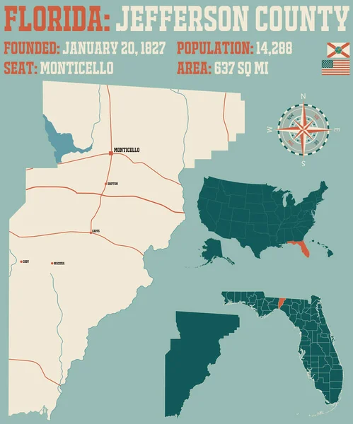 Florida Abd Deki Jefferson Ilçesinin Geniş Detaylı Haritası — Stok Vektör