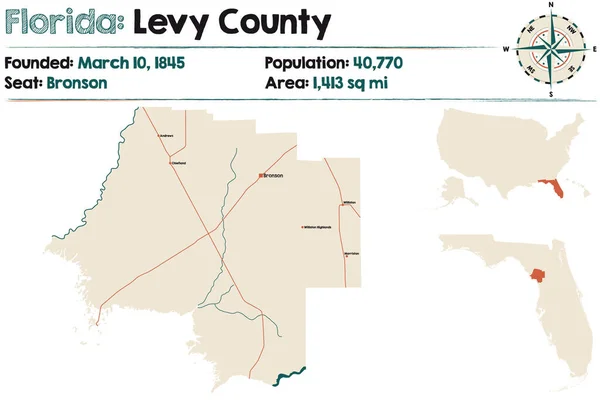 Florida Abd Deki Levy Ilçesinin Geniş Ayrıntılı Haritası — Stok Vektör