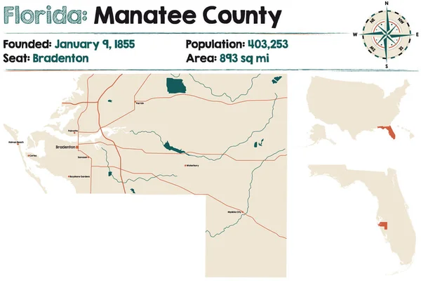 Large Detailed Map Manatee County Florida Usa — Stock Vector